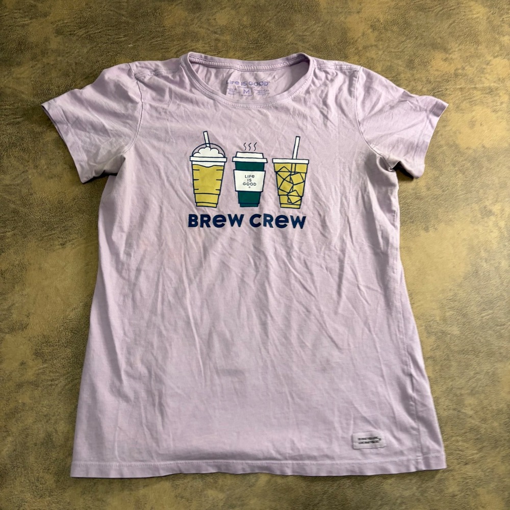Life is Good T-Shirt Womens Medium Purple Brew Crew Coffee Graphic Crusher-Lite